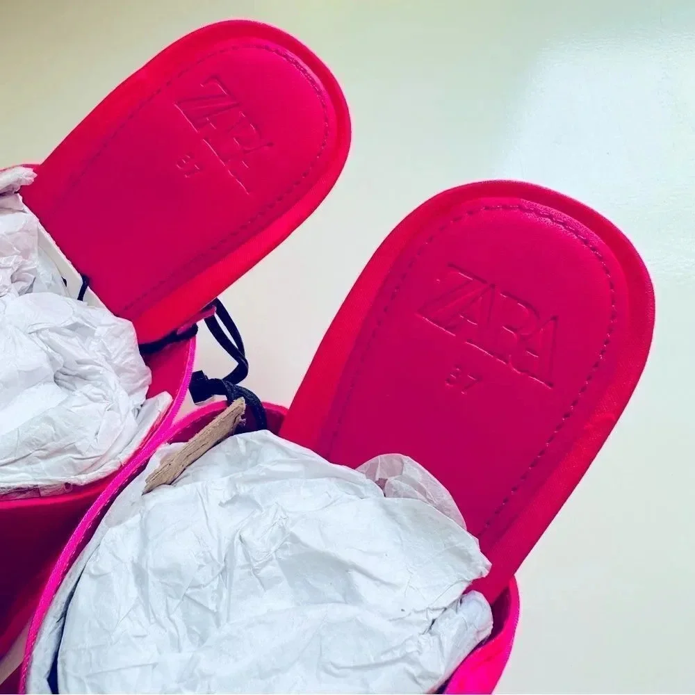 NWT Zara Satin Effect Neon Pink High Heel Sandals - Picture 9 of 9